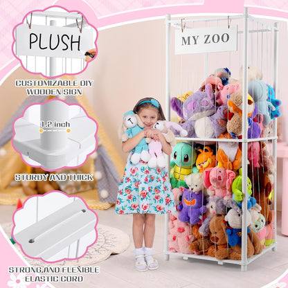 Stuffed Animal Storage Zoo, Wooden Stuffed Animal Organizer with Elastic Cords for Boys Girls, Space Saving Toy Plushies Storage Holder for Playroom, Bedroom, Living Room (Burlywood, Small)