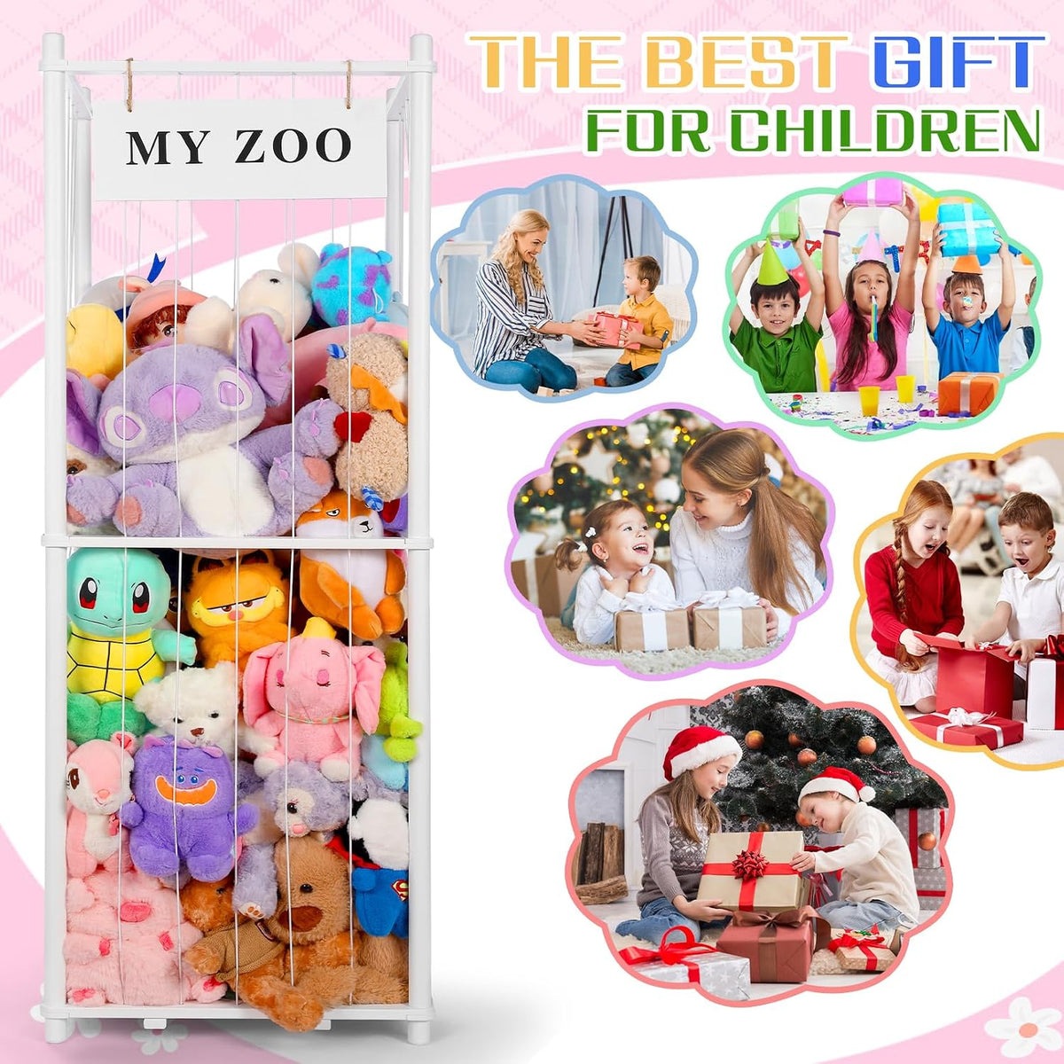 Stuffed Animal Storage Zoo, Wooden Stuffed Animal Organizer with Elastic Cords for Boys Girls, Space Saving Toy Plushies Storage Holder for Playroom, Bedroom, Living Room (Burlywood, Small)