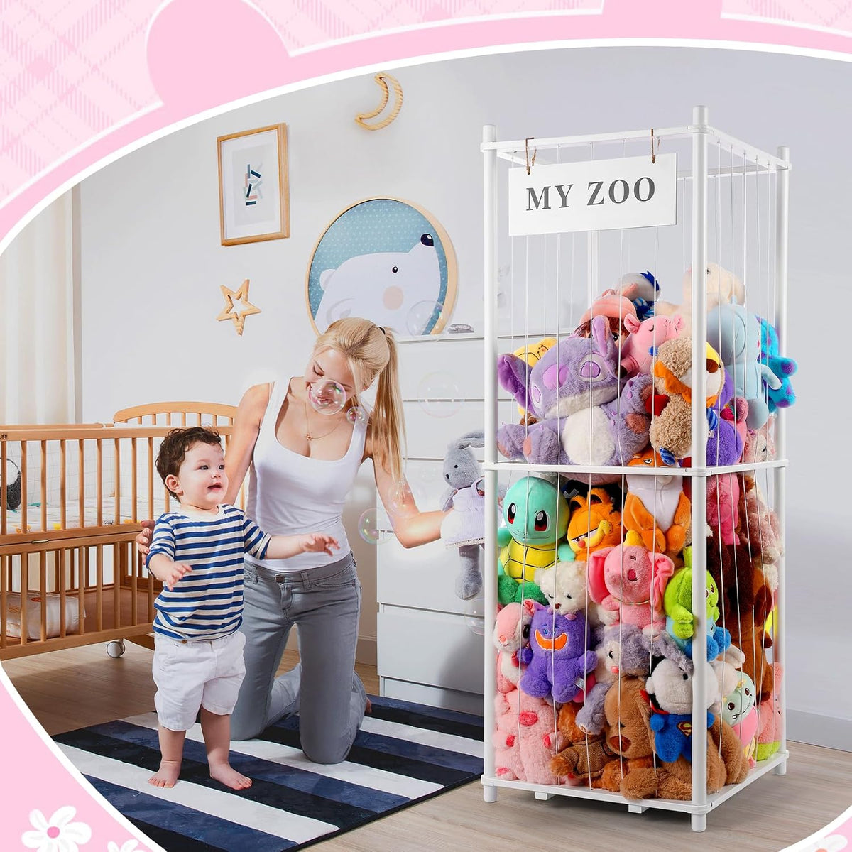 Stuffed Animal Storage Zoo, Wooden Stuffed Animal Organizer with Elastic Cords for Boys Girls, Space Saving Toy Plushies Storage Holder for Playroom, Bedroom, Living Room (Burlywood, Small)