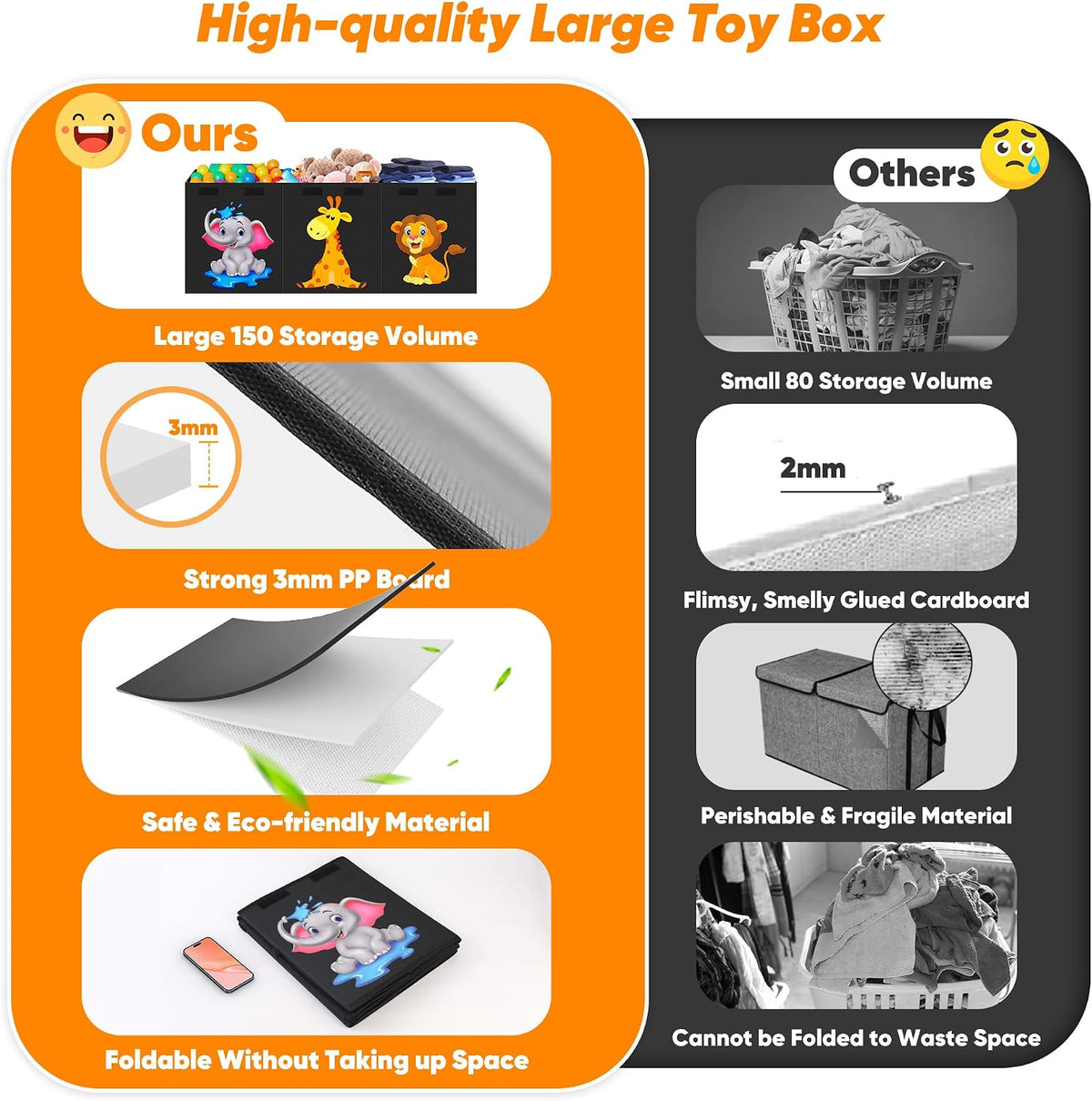 Extra Large Toy Box, Collapsible Storage Organizer with Lids, 40"x14"x16"