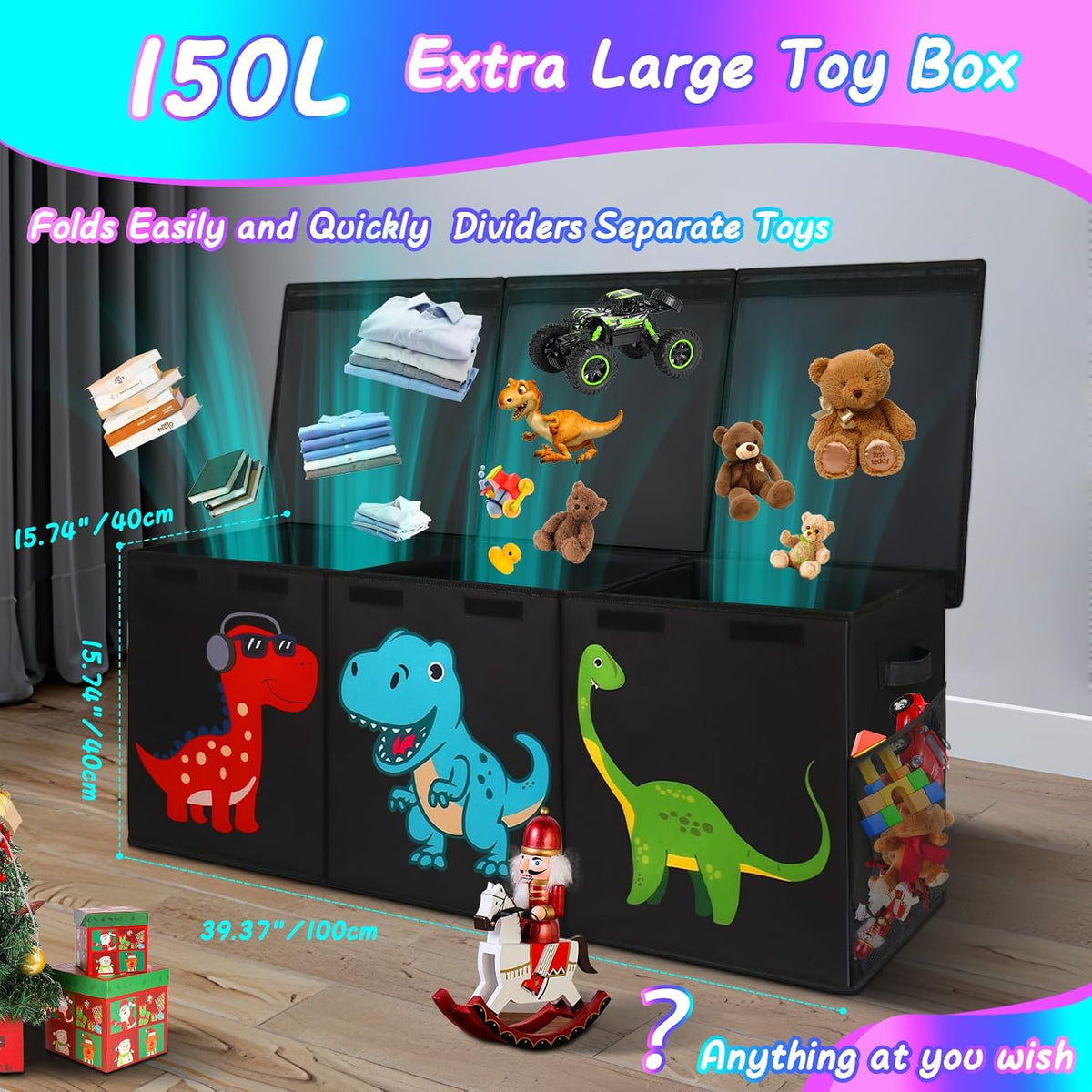 Extra Large Toy Box, Collapsible Storage Organizer with Lids, 40"x14"x16"