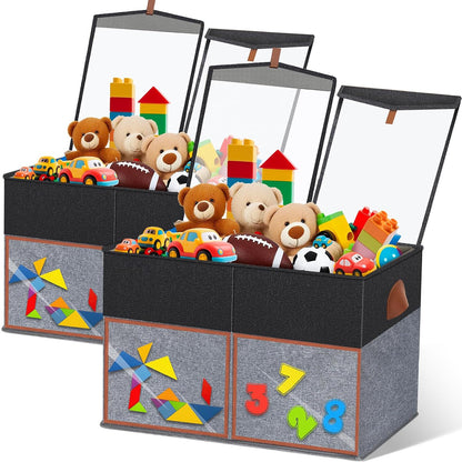 2 Pack Large Toy Storage Box with Clear Lids Collapsible Toy Organizer Chest with Adjustable Dividers Kids Storage Bin Basket for Boys Girls Living Room Nursery Playroom Closet Black and Grey