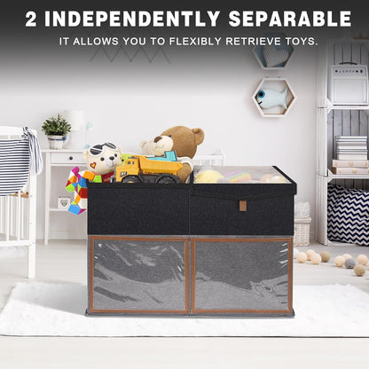2 Pack Large Toy Storage Box with Clear Lids Collapsible Toy Organizer Chest with Adjustable Dividers Kids Storage Bin Basket for Boys Girls Living Room Nursery Playroom Closet Black and Grey