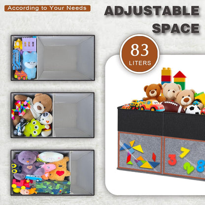 2 Pack Large Toy Storage Box with Clear Lids Collapsible Toy Organizer Chest with Adjustable Dividers Kids Storage Bin Basket for Boys Girls Living Room Nursery Playroom Closet Black and Grey