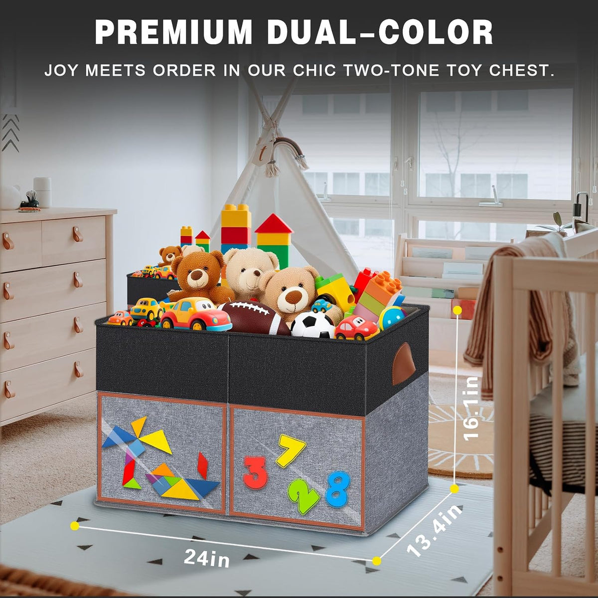 2 Pack Large Toy Storage Box with Clear Lids Collapsible Toy Organizer Chest with Adjustable Dividers Kids Storage Bin Basket for Boys Girls Living Room Nursery Playroom Closet Black and Grey
