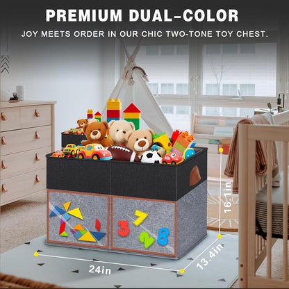 2 Pack Large Toy Storage Box with Clear Lids Collapsible Toy Organizer Chest with Adjustable Dividers Kids Storage Bin Basket for Boys Girls Living Room Nursery Playroom Closet Black and Grey