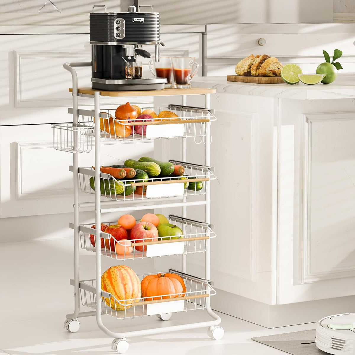 Kitchen Organizer Cart with Wheels, 5 Tier Fruit and Vegetable Storage Basket, Rolling Storage Cart for Kitchen, Pantry, Bathroom, Upgraded Design with Slide-Out Shelves, White