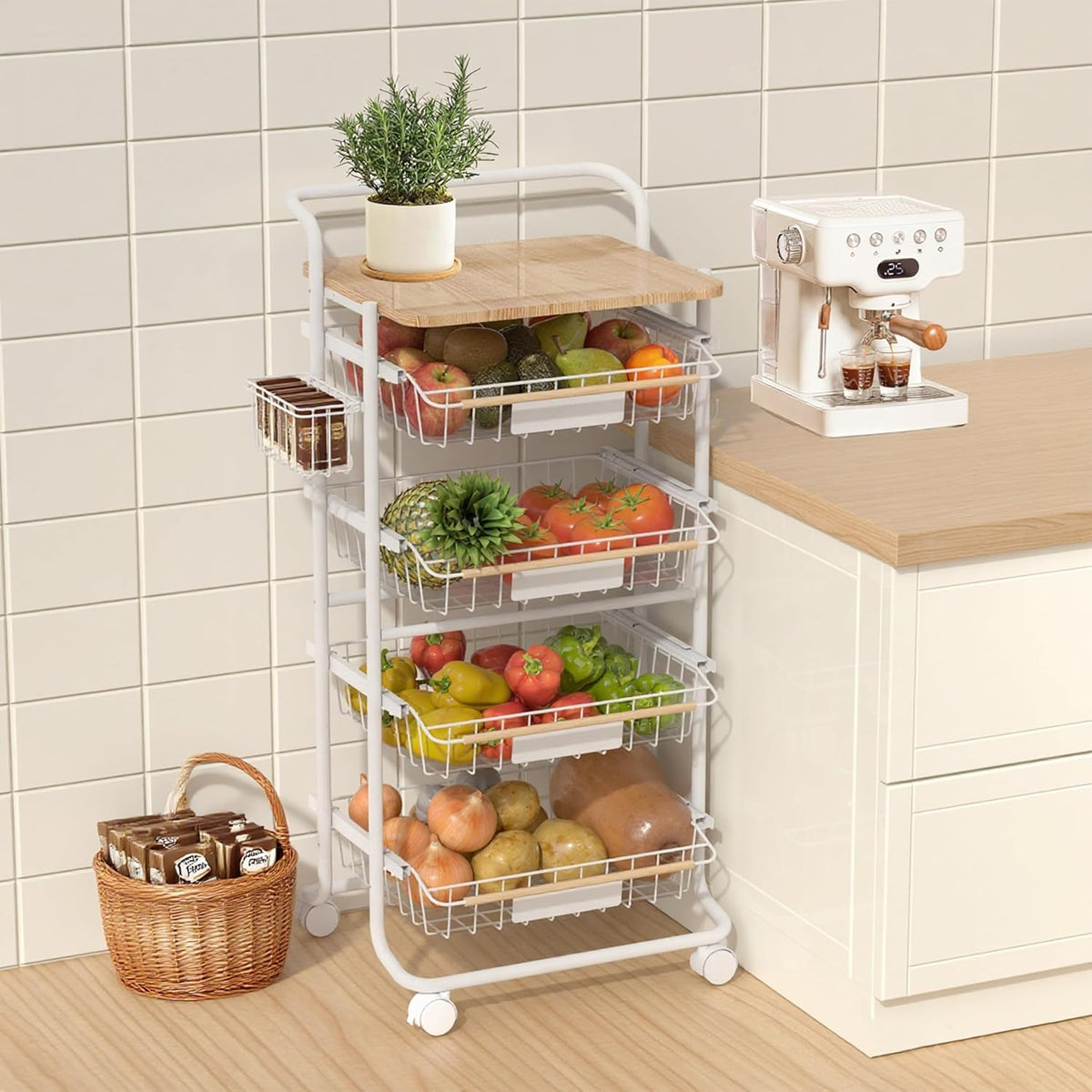 Kitchen Organizer Cart with Wheels, 5 Tier Fruit and Vegetable Storage Basket, Rolling Storage Cart for Kitchen, Pantry, Bathroom, Upgraded Design with Slide-Out Shelves, White