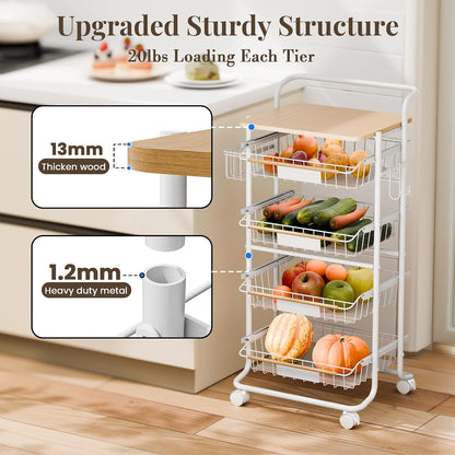 Kitchen Organizer Cart with Wheels, 5 Tier Fruit and Vegetable Storage Basket, Rolling Storage Cart for Kitchen, Pantry, Bathroom, Upgraded Design with Slide-Out Shelves, White