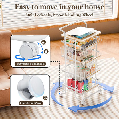 Kitchen Organizer Cart with Wheels, 5 Tier Fruit and Vegetable Storage Basket, Rolling Storage Cart for Kitchen, Pantry, Bathroom, Upgraded Design with Slide-Out Shelves, White