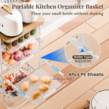 Kitchen Organizer Cart with Wheels, 5 Tier Fruit and Vegetable Storage Basket, Rolling Storage Cart for Kitchen, Pantry, Bathroom, Upgraded Design with Slide-Out Shelves, White