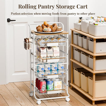 Kitchen Organizer Cart with Wheels, 5 Tier Fruit and Vegetable Storage Basket, Rolling Storage Cart for Kitchen, Pantry, Bathroom, Upgraded Design with Slide-Out Shelves, White