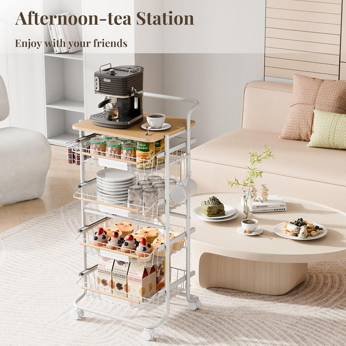 Kitchen Organizer Cart with Wheels, 5 Tier Fruit and Vegetable Storage Basket, Rolling Storage Cart for Kitchen, Pantry, Bathroom, Upgraded Design with Slide-Out Shelves, White