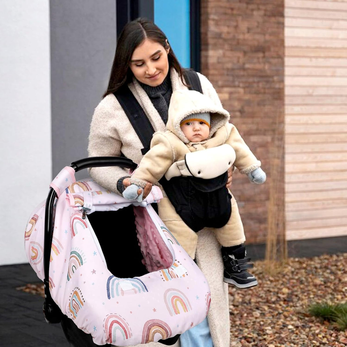 Car Seat Cover Baby Girl, Warm Winter Carseat Cover for Baby, Kick-Proof Infant Car Seat Cover with Peep Window, Windproof & Cozy, Pink Rainbow