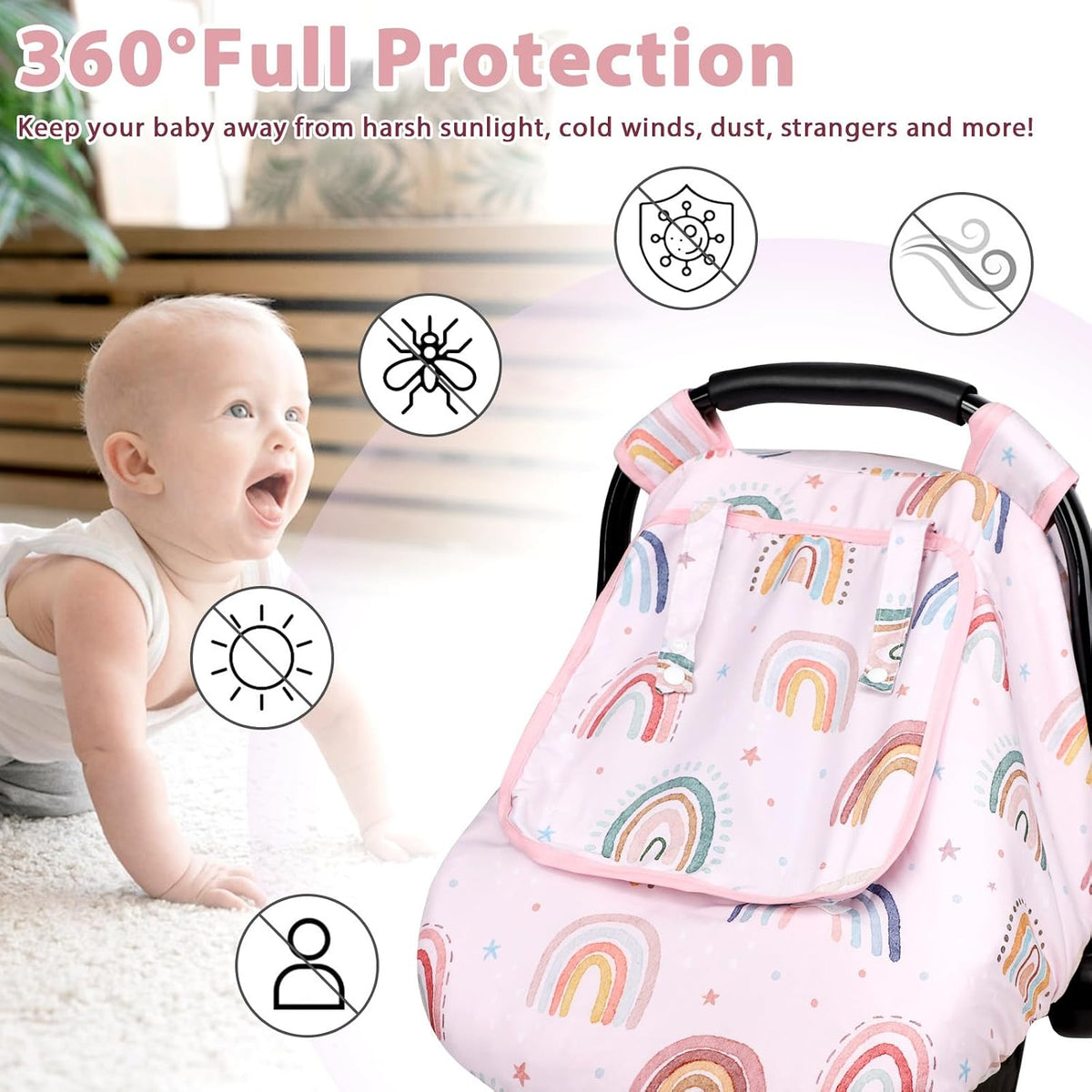 Car Seat Cover Baby Girl, Warm Winter Carseat Cover for Baby, Kick-Proof Infant Car Seat Cover with Peep Window, Windproof & Cozy, Pink Rainbow