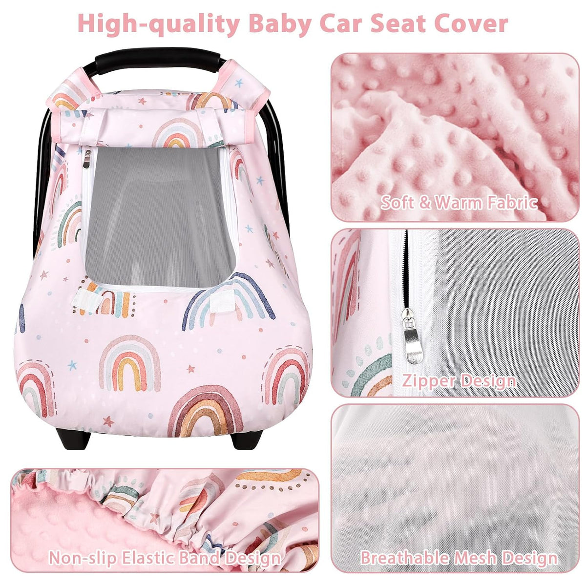 Car Seat Cover Baby Girl, Warm Winter Carseat Cover for Baby, Kick-Proof Infant Car Seat Cover with Peep Window, Windproof & Cozy, Pink Rainbow