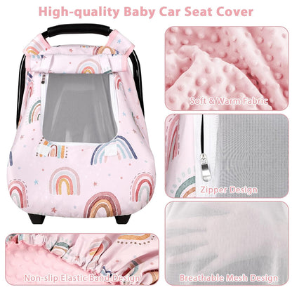 Car Seat Cover Baby Girl, Warm Winter Carseat Cover for Baby, Kick-Proof Infant Car Seat Cover with Peep Window, Windproof & Cozy, Pink Rainbow