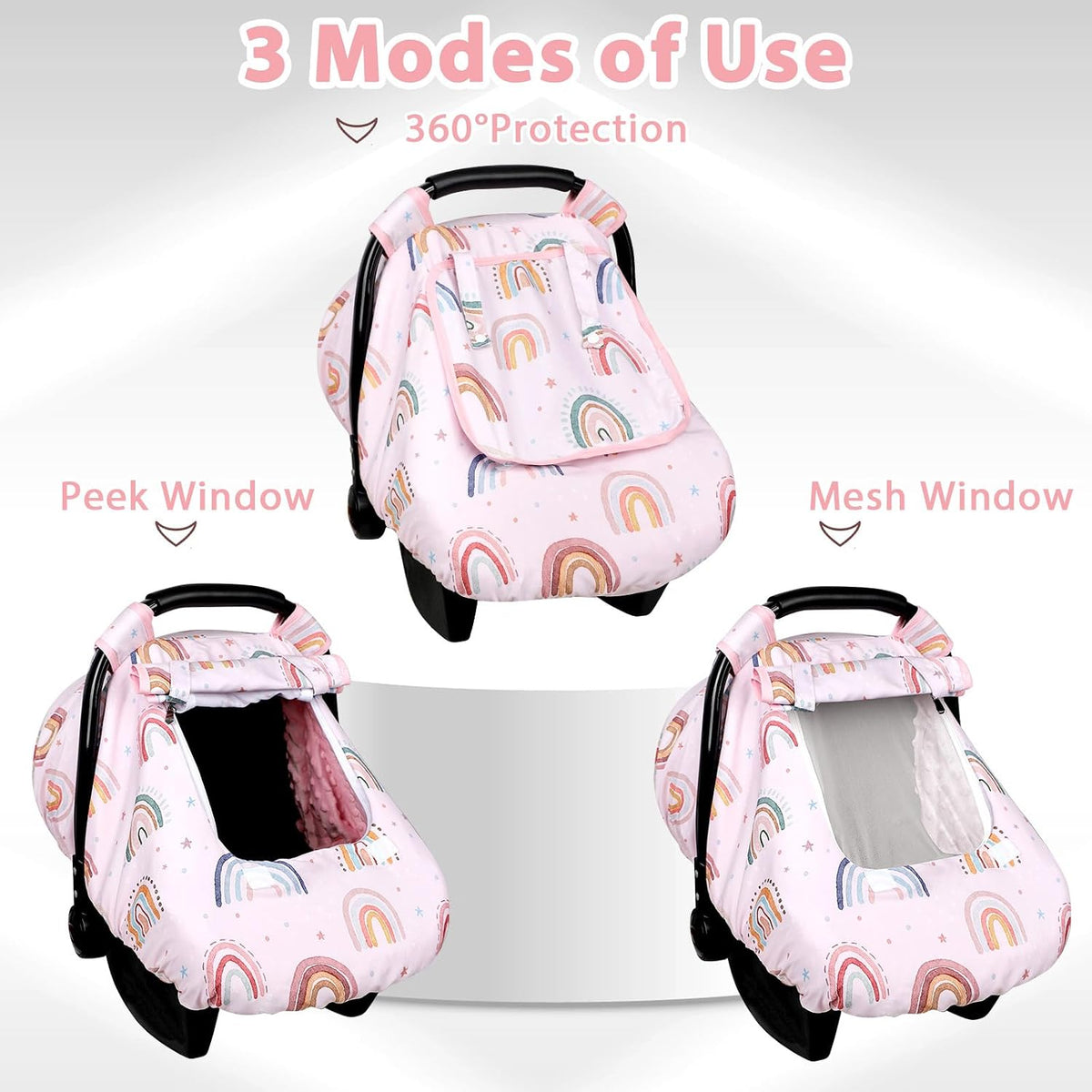 Car Seat Cover Baby Girl, Warm Winter Carseat Cover for Baby, Kick-Proof Infant Car Seat Cover with Peep Window, Windproof & Cozy, Pink Rainbow