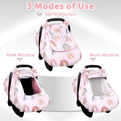 Car Seat Cover Baby Girl, Warm Winter Carseat Cover for Baby, Kick-Proof Infant Car Seat Cover with Peep Window, Windproof & Cozy, Pink Rainbow