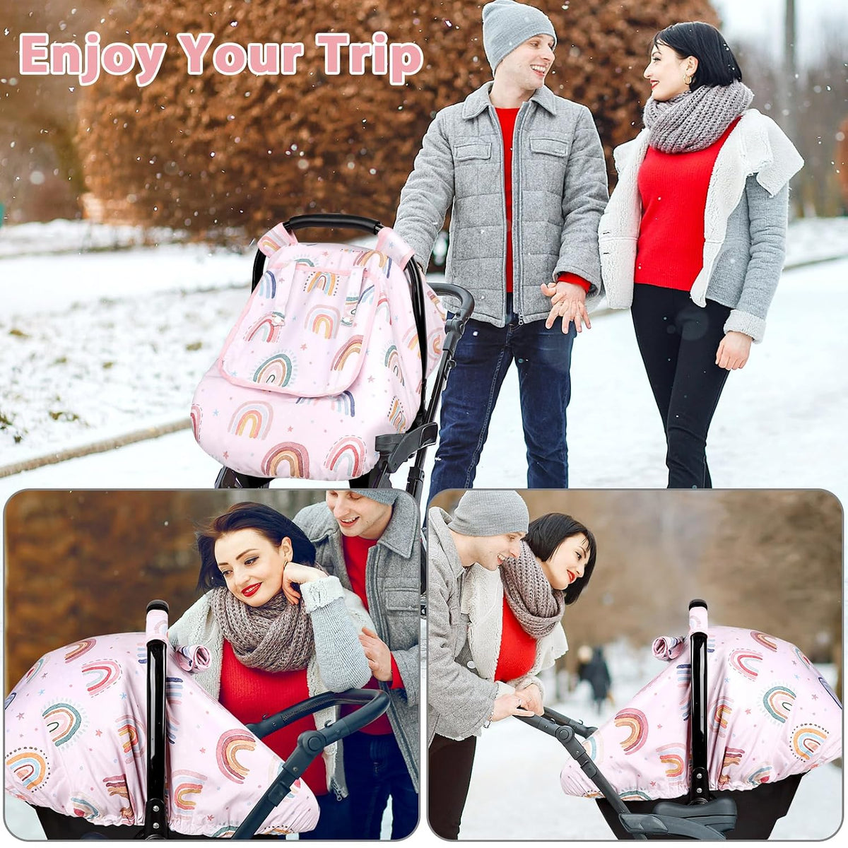 Car Seat Cover Baby Girl, Warm Winter Carseat Cover for Baby, Kick-Proof Infant Car Seat Cover with Peep Window, Windproof & Cozy, Pink Rainbow