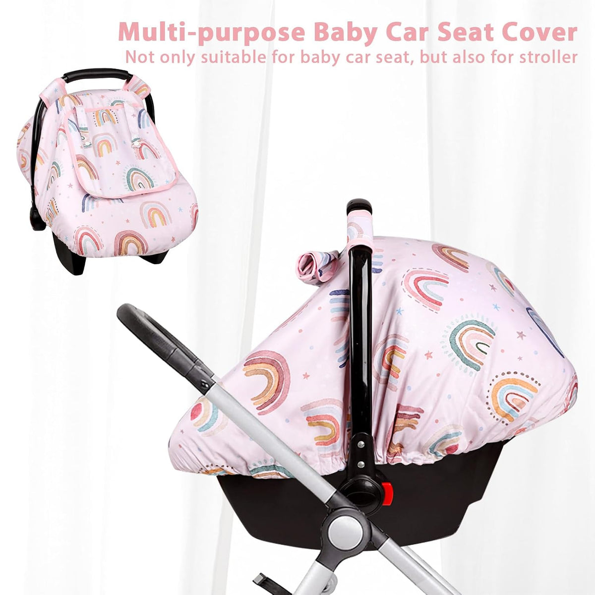 Car Seat Cover Baby Girl, Warm Winter Carseat Cover for Baby, Kick-Proof Infant Car Seat Cover with Peep Window, Windproof & Cozy, Pink Rainbow