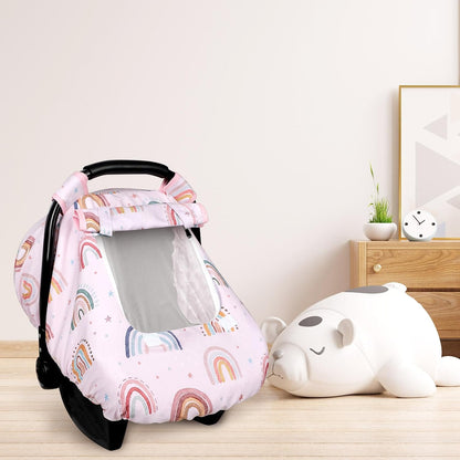 Car Seat Cover Baby Girl, Warm Winter Carseat Cover for Baby, Kick-Proof Infant Car Seat Cover with Peep Window, Windproof & Cozy, Pink Rainbow