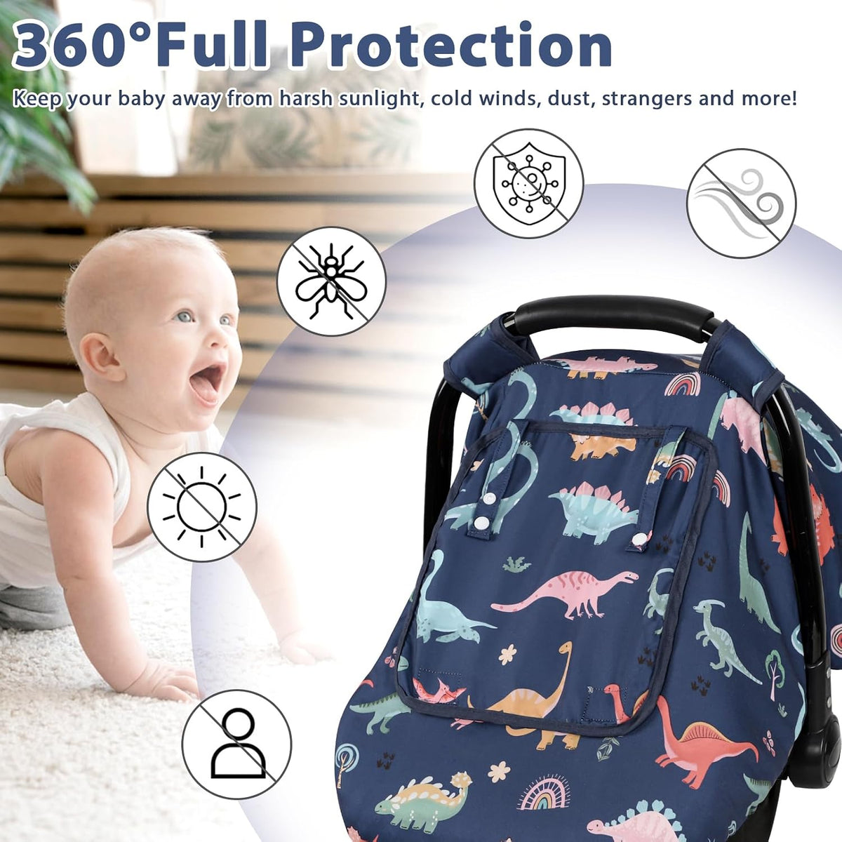 Car Seat Cover Baby Girl, Warm Winter Carseat Cover for Baby, Kick-Proof Infant Car Seat Cover with Peep Window, Windproof & Cozy, Pink Rainbow