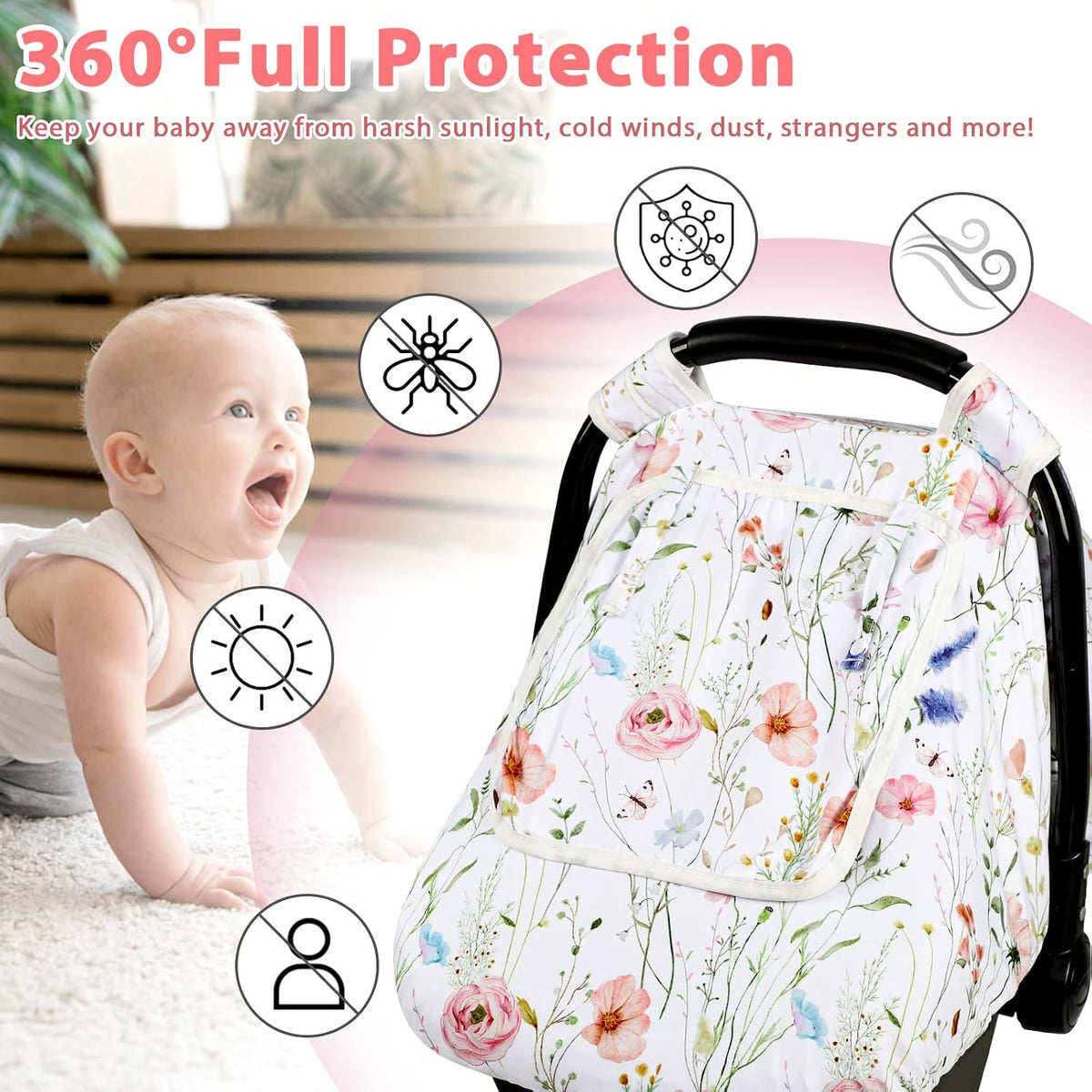 Car Seat Cover Baby Girl, Warm Winter Carseat Cover for Baby, Kick-Proof Infant Car Seat Cover with Peep Window, Windproof & Cozy, Pink Rainbow