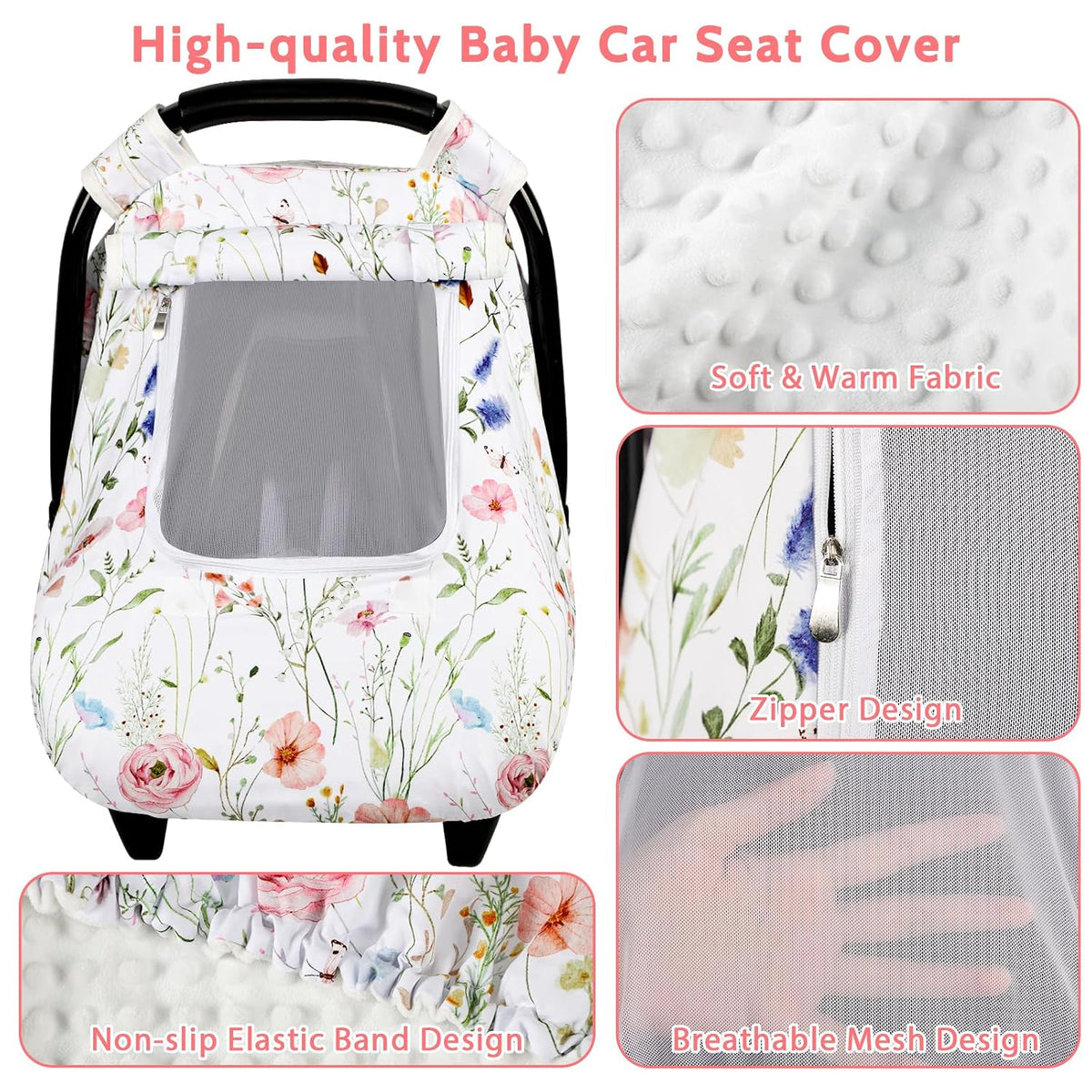 Car Seat Cover Baby Girl, Warm Winter Carseat Cover for Baby, Kick-Proof Infant Car Seat Cover with Peep Window, Windproof & Cozy, Pink Rainbow