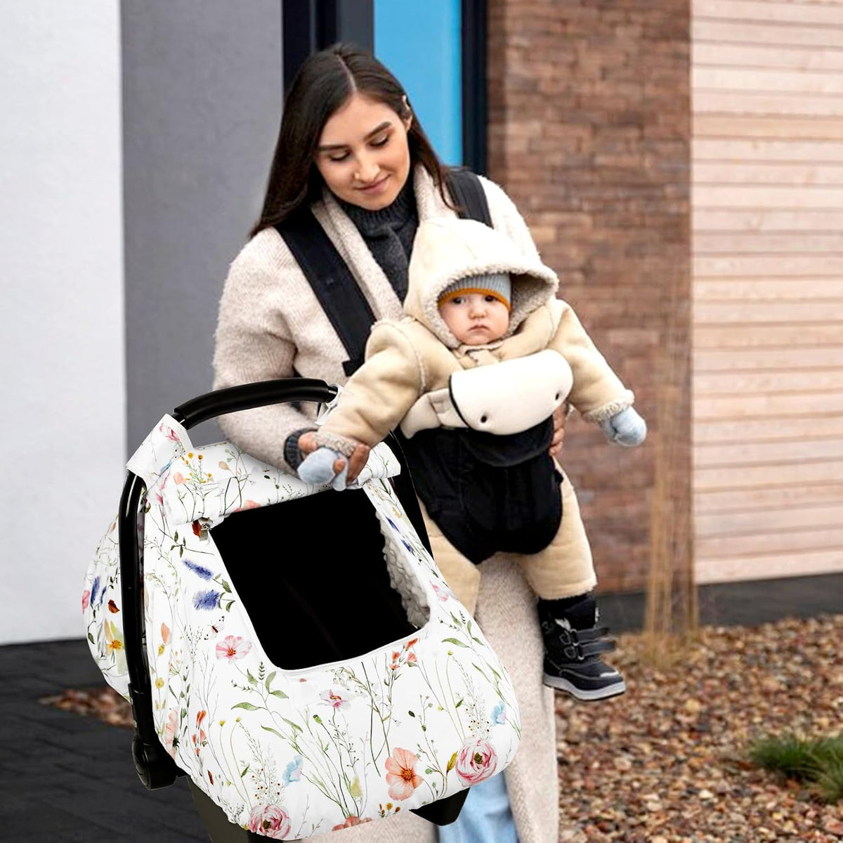 Car Seat Cover Baby Girl, Warm Winter Carseat Cover for Baby, Kick-Proof Infant Car Seat Cover with Peep Window, Windproof & Cozy, Pink Rainbow