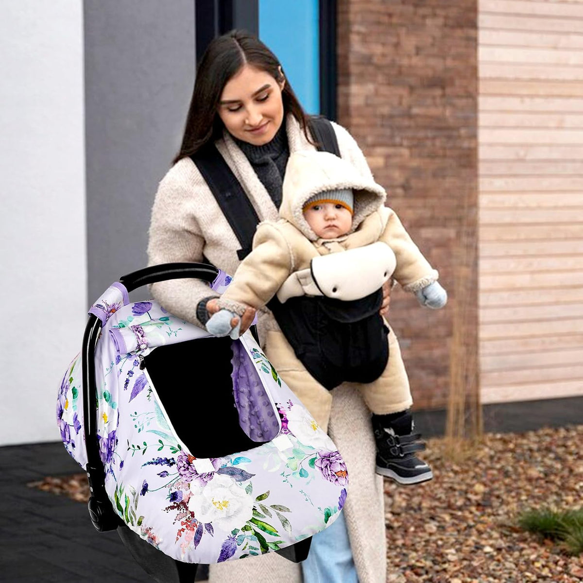 Car Seat Cover Baby Girl, Warm Winter Carseat Cover for Baby, Kick-Proof Infant Car Seat Cover with Peep Window, Windproof & Cozy, Pink Rainbow