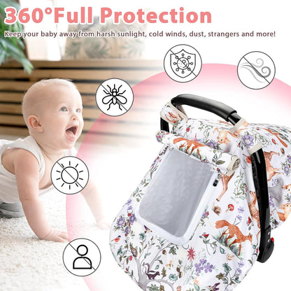 Car Seat Cover Baby Girl, Warm Winter Carseat Cover for Baby, Kick-Proof Infant Car Seat Cover with Peep Window, Windproof & Cozy, Pink Rainbow
