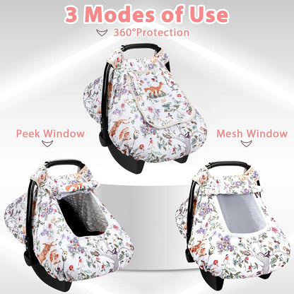 Car Seat Cover Baby Girl, Warm Winter Carseat Cover for Baby, Kick-Proof Infant Car Seat Cover with Peep Window, Windproof & Cozy, Pink Rainbow