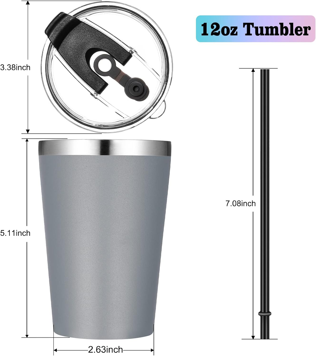 12oz Tumbler Stainless Steel Tumbler bulk Vacuum Insulated Double Wall Travel Tumbler with Lid and Straw Reusable Tumbler, Grey 1 Pack