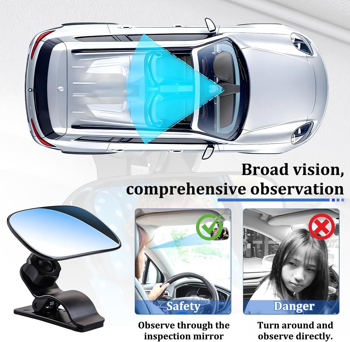 Baby Car Mirror, 360° Adjustable Clip-on Vehicle Wide Angle Convex Mirror, Automotive Interior Rearview Accessories for Viewing Rear Passengers, Universal for SUV Truck Sedan