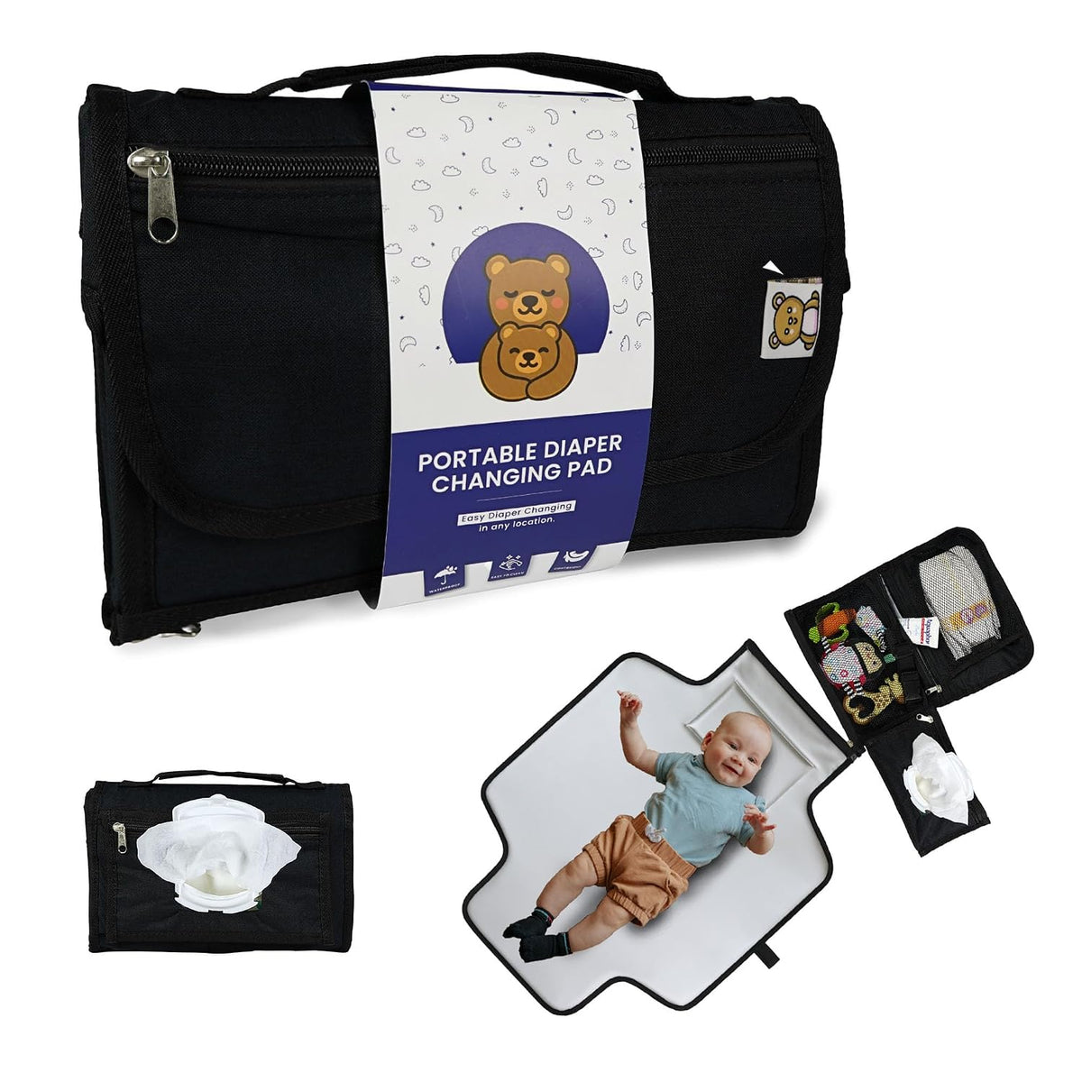 Portable Diaper Changing Pad, Waterproof Travel Baby Changing Mat with Wipes Pocket, Compact Foldable, Gift for Babyshower, Newborn Boys & Girls (Black)