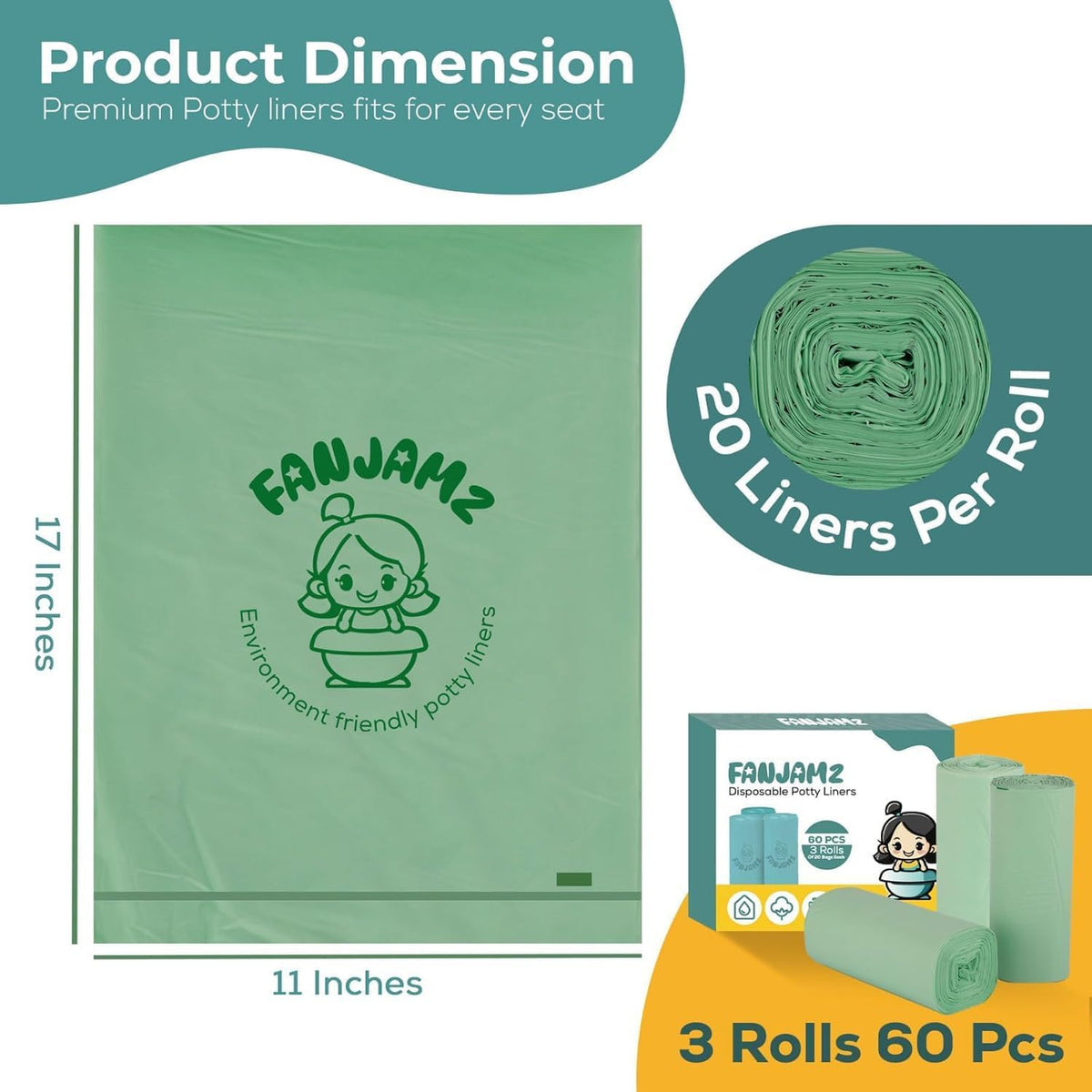 60 Count Potty Liners for Toddlers & Pets – Compatible with OXO Tot 2-in-1 Go Potty- 17 x 11 inches Leak-Proof Disposable Cleaning Bag for Adults-Fits Most Potty Chairs and Travel Potty