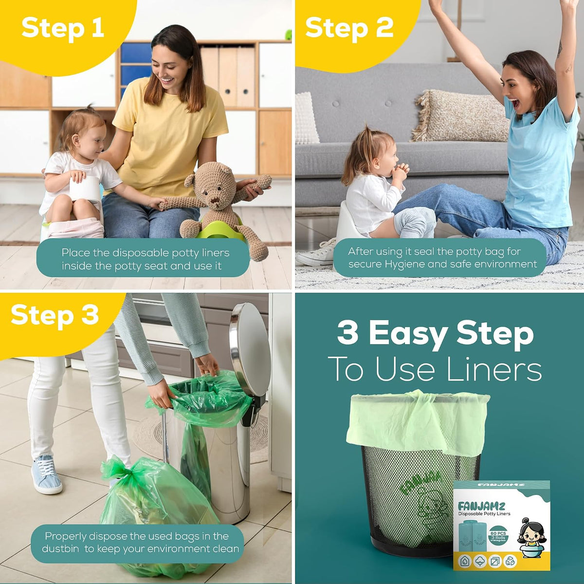 60 Count Potty Liners for Toddlers & Pets – Compatible with OXO Tot 2-in-1 Go Potty- 17 x 11 inches Leak-Proof Disposable Cleaning Bag for Adults-Fits Most Potty Chairs and Travel Potty
