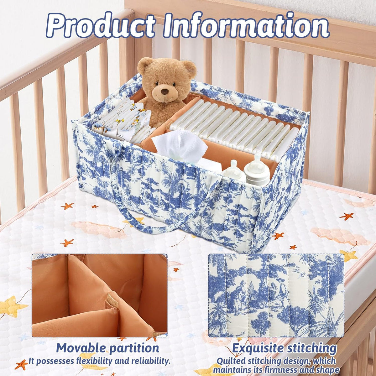 Baby Diaper Caddy Organizer Nursery Storage Bin Basket with Handle Portable Diaper Organizer Suitable for Indoor Outdoor