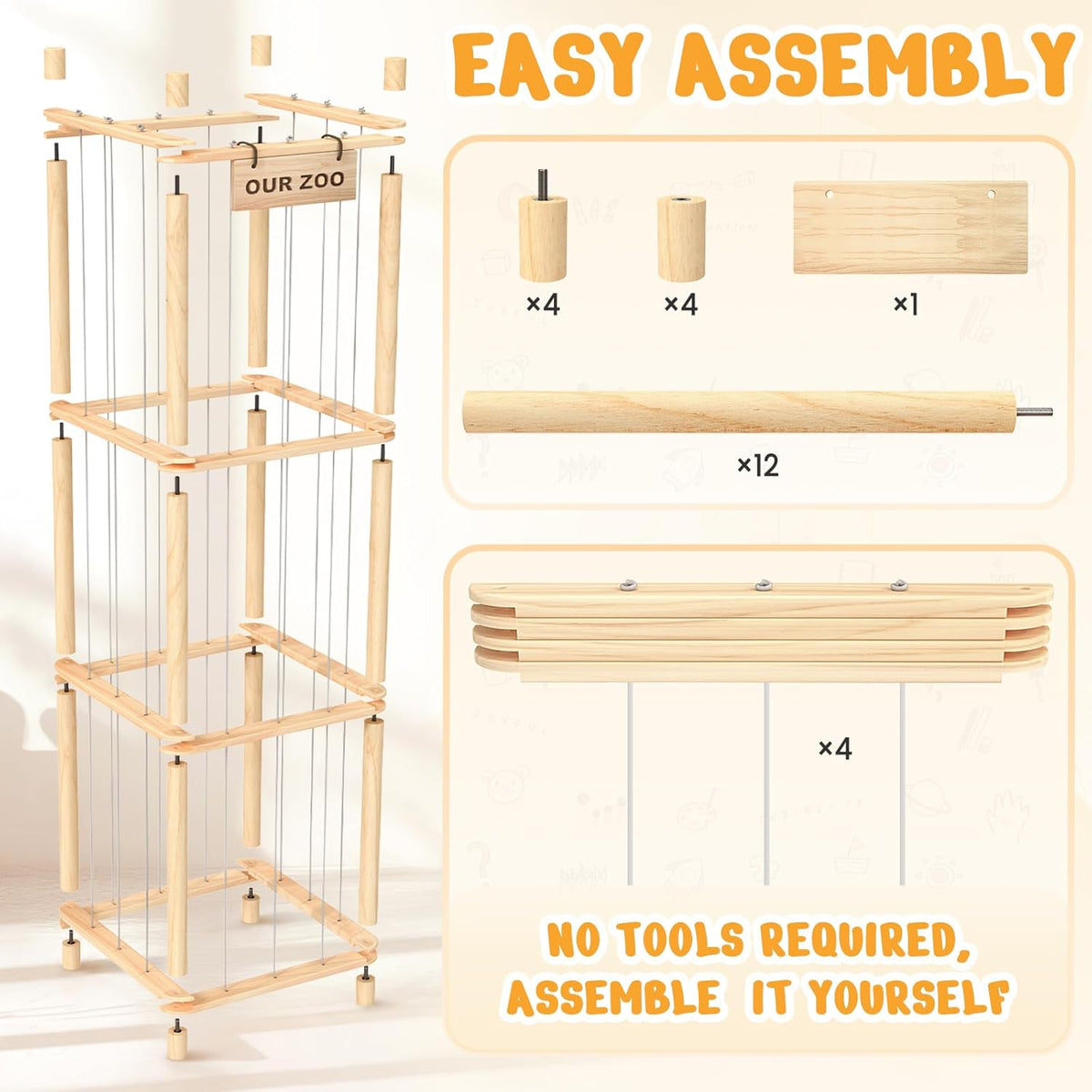 Woodure Stuffed Animal Storage & Organizer, Wooden Cute Zoo Toy Holder for Toddler Rooms, Playrooms & Bedrooms