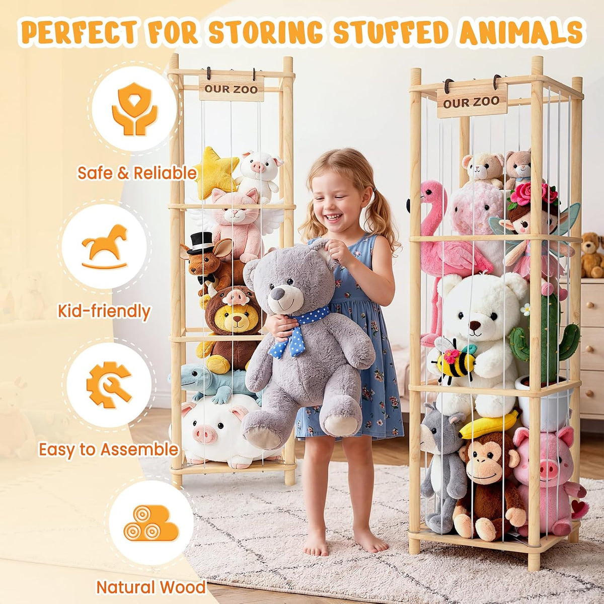 Woodure Stuffed Animal Storage & Organizer, Wooden Cute Zoo Toy Holder for Toddler Rooms, Playrooms & Bedrooms