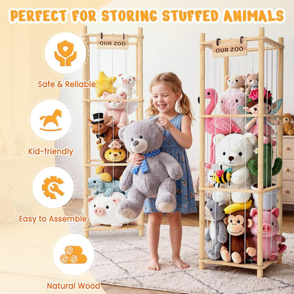 Woodure Stuffed Animal Storage & Organizer, Wooden Cute Zoo Toy Holder for Toddler Rooms, Playrooms & Bedrooms