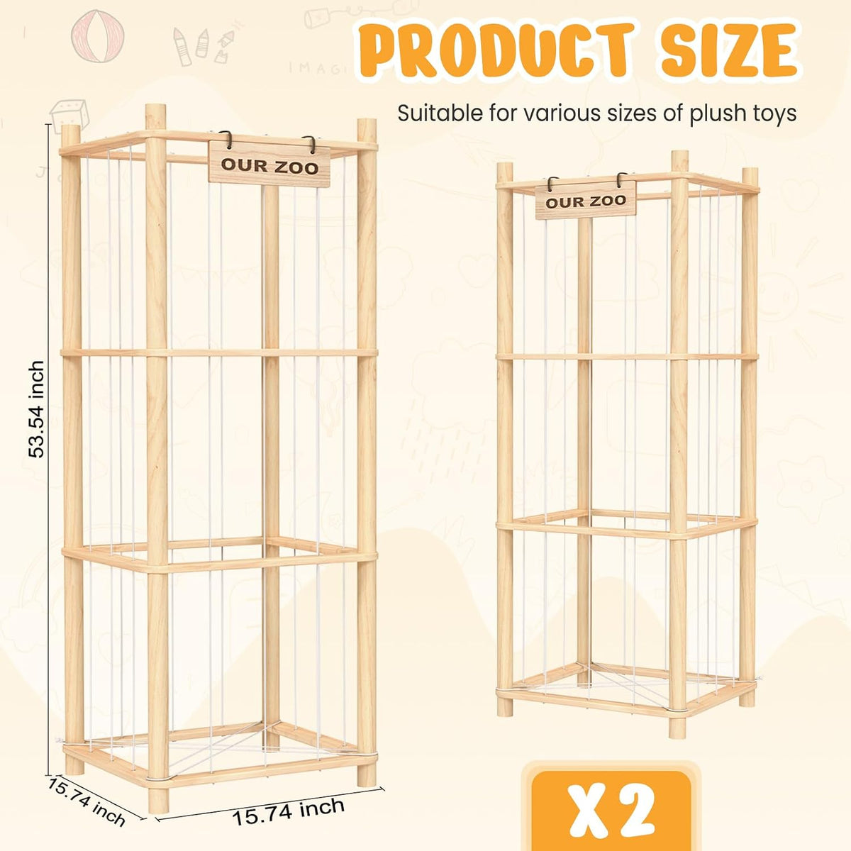 Woodure Stuffed Animal Storage & Organizer, Wooden Cute Zoo Toy Holder for Toddler Rooms, Playrooms & Bedrooms