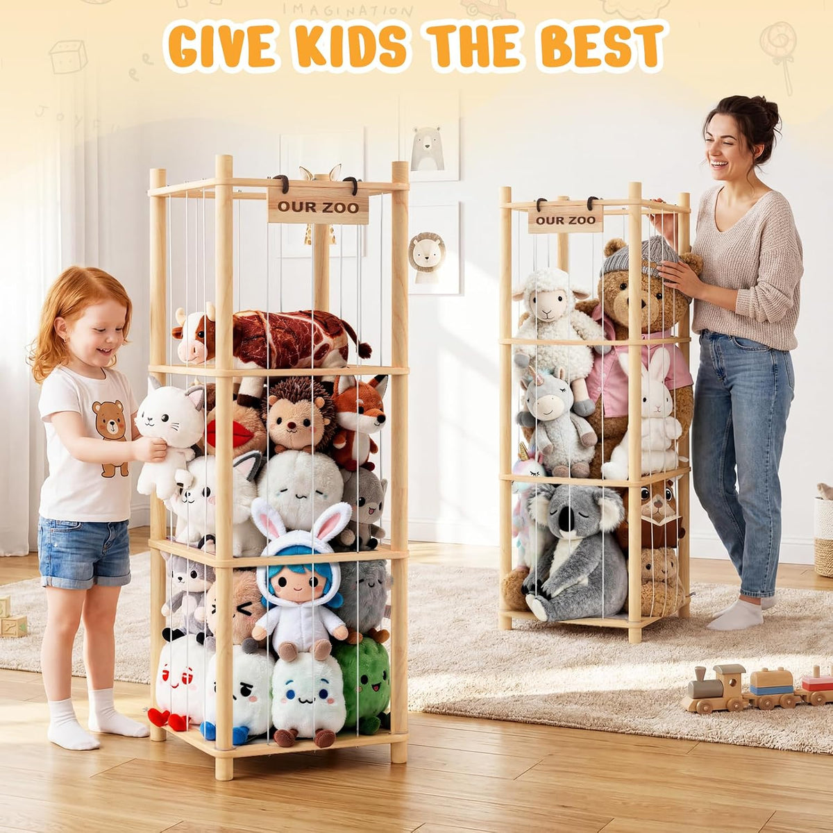 Woodure Stuffed Animal Storage & Organizer, Wooden Cute Zoo Toy Holder for Toddler Rooms, Playrooms & Bedrooms