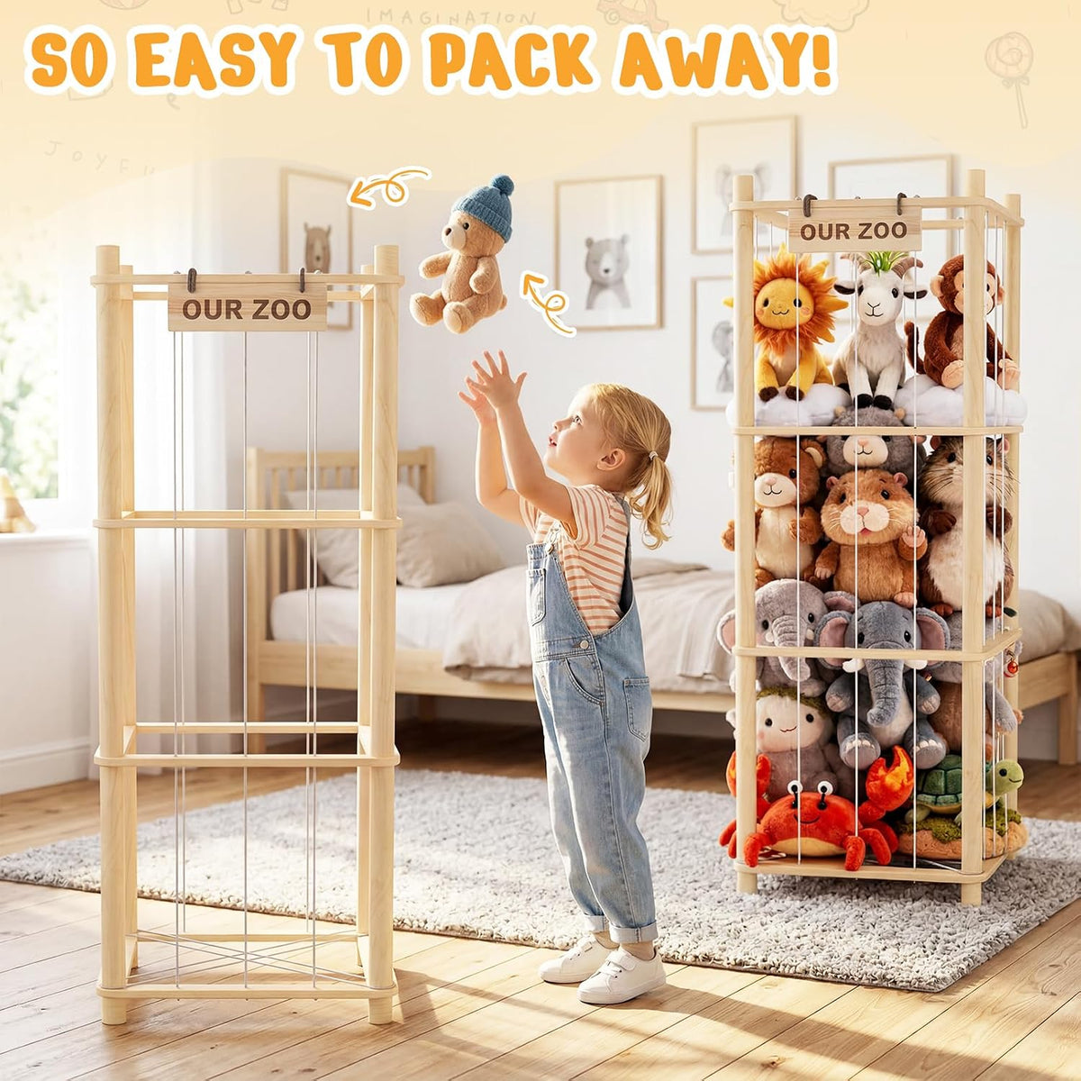 Woodure Stuffed Animal Storage & Organizer, Wooden Cute Zoo Toy Holder for Toddler Rooms, Playrooms & Bedrooms