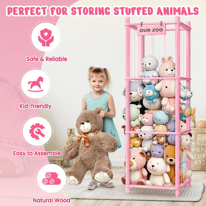 Woodure Stuffed Animal Storage & Organizer, Wooden Cute Zoo Toy Holder for Toddler Rooms, Playrooms & Bedrooms