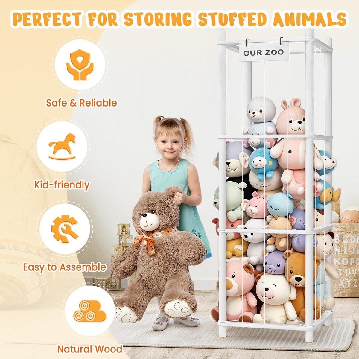 Woodure Stuffed Animal Storage & Organizer, Wooden Cute Zoo Toy Holder for Toddler Rooms, Playrooms & Bedrooms