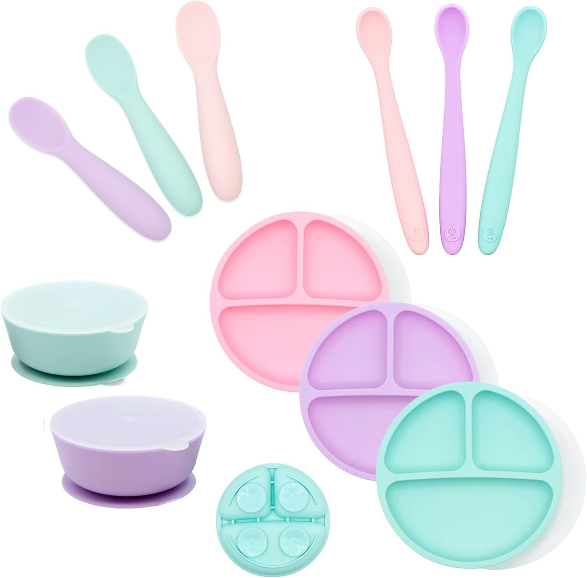 Silicone Mealtime Essentials Bundle | Ages 4+ Months | Suction Plates, Suction Bowls, Self-Feeding & Infant Feeding Spoons