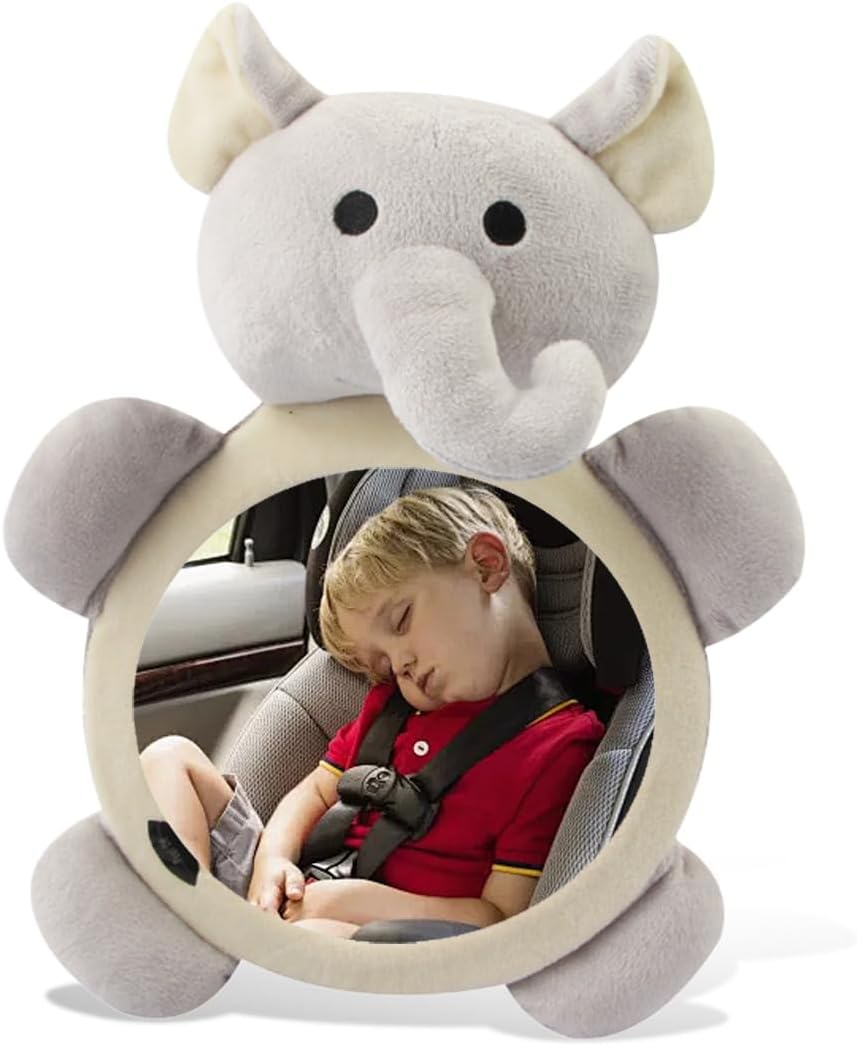 Rear Facing Baby Car Mirror, Plush Cute Wide View Vehicle Backseat Viewer, Shake-proof Baby in Sight Carseat Mirrors, Cartoon Animal Shatterproof Safety Observation Rearview Mirror (Elephant)