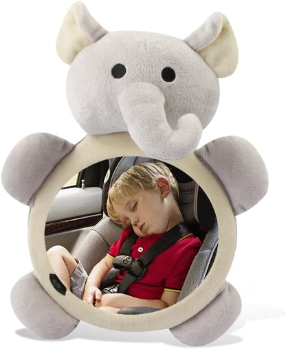 Rear Facing Baby Car Mirror, Plush Cute Wide View Vehicle Backseat Viewer, Shake-proof Baby in Sight Carseat Mirrors, Cartoon Animal Shatterproof Safety Observation Rearview Mirror (Elephant)